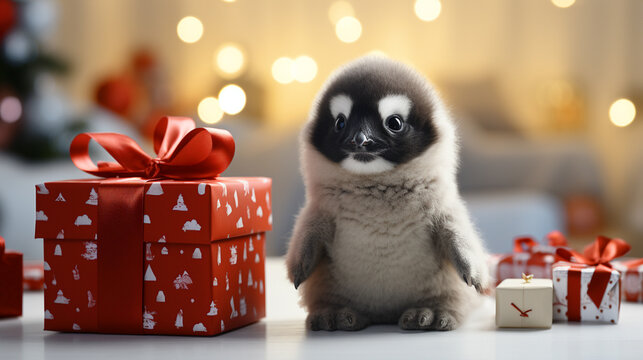 Little Penguin Chick Bird with Red Gift Box on Festive Christmas Background. Bokeh Light Effect.