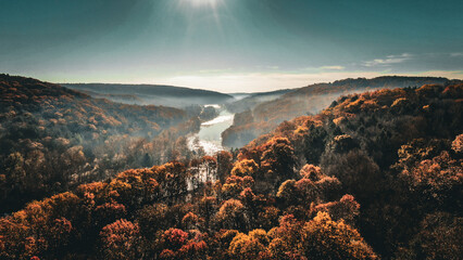 Drone view of a river valley in fall