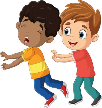 Cartoon little boy pushing his friend