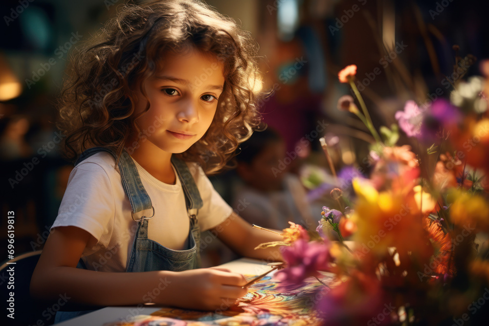 Poster deep concentration marks the child's expression as they engage in a creative activity. concept of fo
