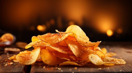 Tasty potato chips on blurred defocused background with ample copy space for creative text placement