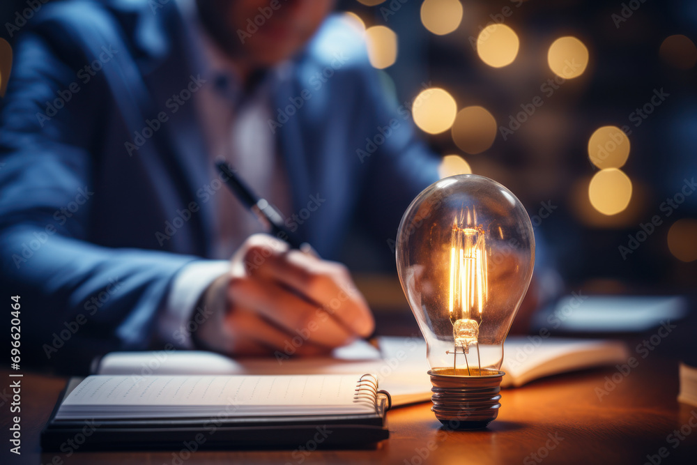 Poster an inventor sketching the initial concept of a revolutionary product on a notepad. concept of ideati
