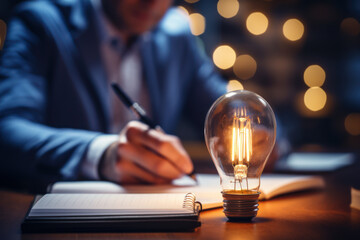 An inventor sketching the initial concept of a revolutionary product on a notepad. Concept of ideation and innovation in product development. Generative Ai.