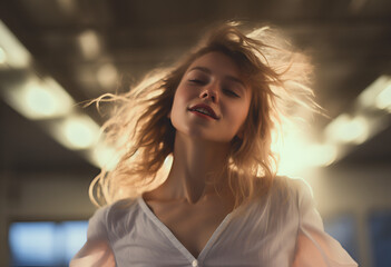 Joyful young blond woman having fun, dancing with happy smiling face and relaxed emotion