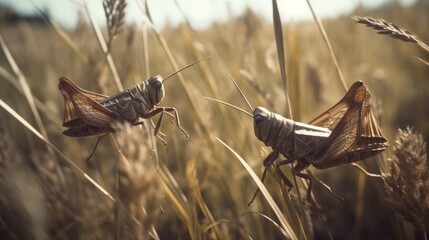 a pair of grasshoppers in the wild forest