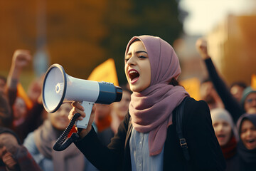 Female Arab Muslim activist angry shouting for her cause among people demonstration protester as wide banner with copy space area 