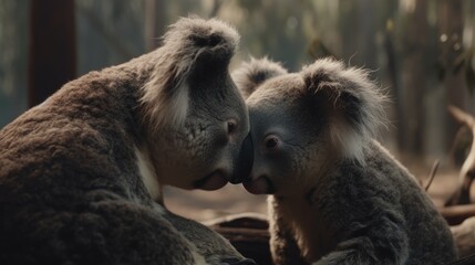 a pair of koalas in the middle of a wild forest