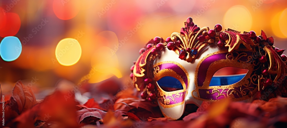 Poster vibrant venetian carnival background with main carnival attributes and copy space for text placement