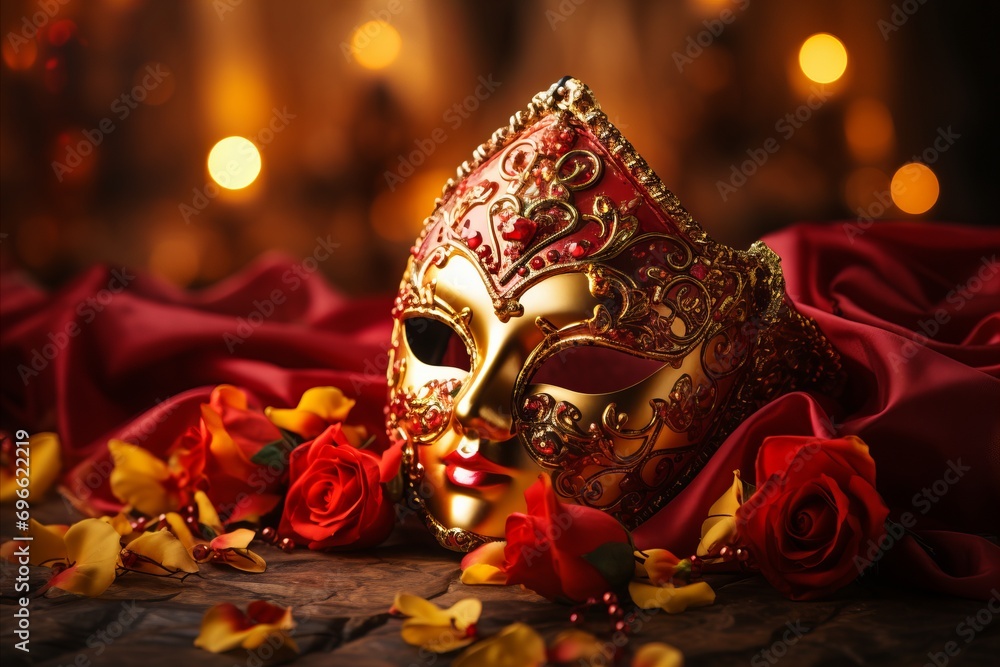 Poster venetian carnival background with copy space and colorful attributes on a soft backdrop.