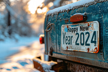 A blue truck and a white plate with happy new year 2024 on the screen and a tree in the background. Happy New Year 2024 Design. - obrazy, fototapety, plakaty