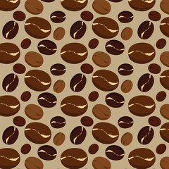 Pattern of falling roasted coffee beans on a cream background. Endless vector illustration for a restaurant or cafe.