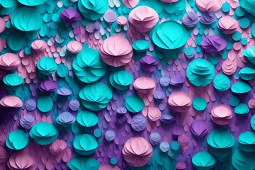 Fotobehang Very colorful beautiful textured 3D background from many layers of colored paper. Cheerful pastel colors of turquoise blue and purple. AI generated. © Malik