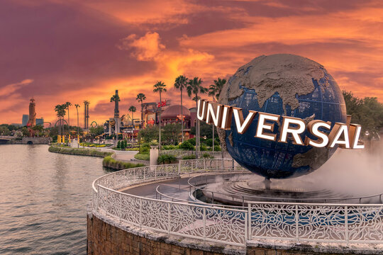 Universal Studios and Islands of Adventure theem parks Florida. City walk and universal globe at the entrance to Hollywood Studios in Orlando Florida. New theme park opening in the UK