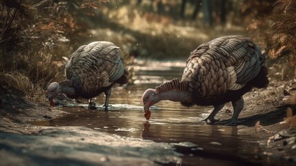 Large flock of turkeys in wild forest in close view