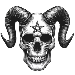 Foto op Plexiglas skull with horns and pentagram black and white tattoo design concept art on transparent background © Hamburn