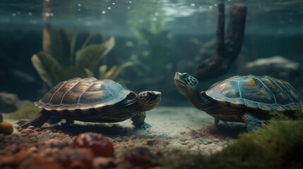 A group of turtles in the wild forest near the river seen up close
