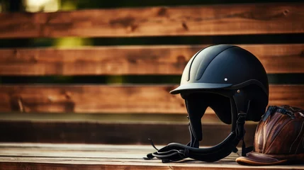 Foto op Canvas leather helmet for equestrian sports on the background of a stable, arena, hippodrome, horse, farm, clothing, accessory, jockey, rider, handmade, village, countryside © Julia Zarubina