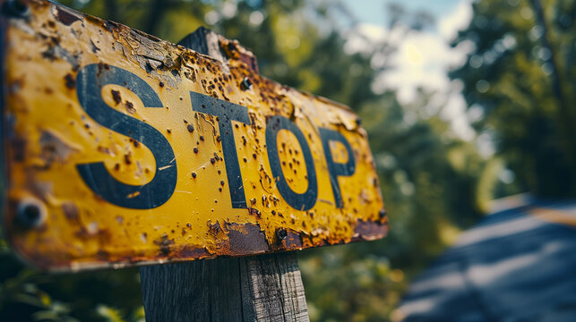 Yellow old rusty sign with stop text 