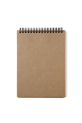 Open spiral bound notepad with craft brown sheets, isolated on white, transparent background, PNG....