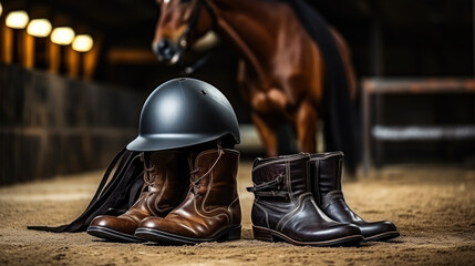 leather boots for equestrian sports on the background of a stable, arena, hippodrome, horse, farm, clothing, accessory, jockey, rider, handmade, village, countryside, helmet - obrazy, fototapety, plakaty