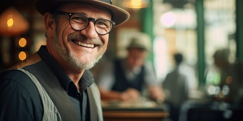 Fototapeta premium a man smiling and in a hat a man in glasses and vest, generative AI