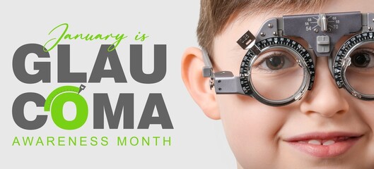 Banner for Glaucoma Awareness Month with little boy undergoing eye test