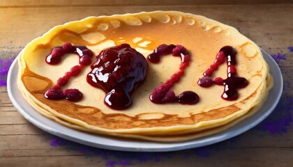 Happy new year 2024 written with jam on crepes. Generative AI illustration