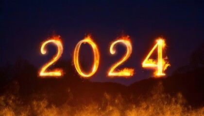 Happy new year 2024 written with fire. Generative AI illustration