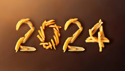 Happy new year 2024 written with french fries. Generative AI illustration