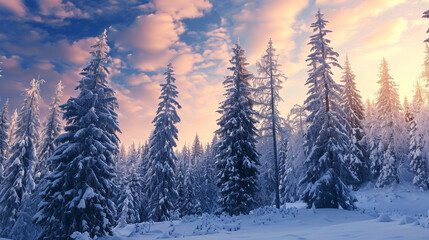 A snow-covered forest at sunset, tall pines dusted with snow, hues of pink and blue in the wintry sky.
