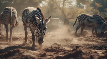 A collection of photos of zebras in the wild forest seen up close