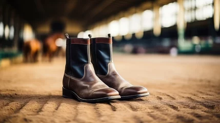 Poster leather boots for equestrian sports on the background of a stable, arena, hippodrome, horse, farm, clothing, accessory, jockey, rider, handmade, village, countryside © Julia Zarubina