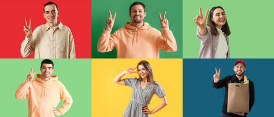 Set of young people showing victory gesture on color background