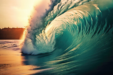 big wave cresting with wave barrel in ocean beach, for presentation wallpaper background display 