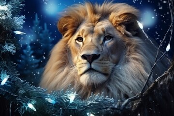 Fototapeta premium Very beautiful lion close-up, Christmas, snow, moon stars, garland, Christmas tree with generative ai