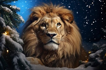 Obraz premium Very beautiful lion close-up, Christmas, snow, moon stars, garland, Christmas tree with generative ai