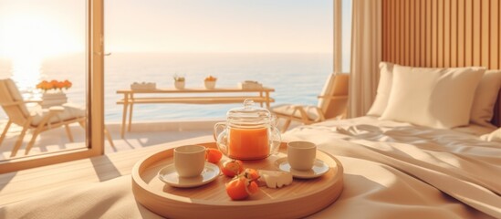 serving coffee and tea on the table in the room with views of the open sea in the afternoon