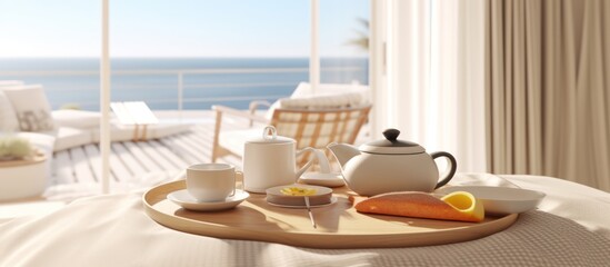serving coffee and tea on the table in the room with views of the open sea in the afternoon