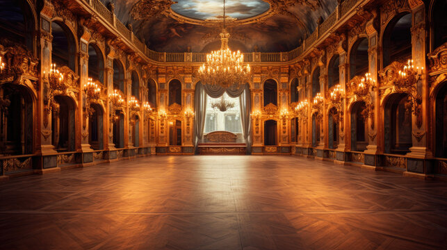 an empty glamorous rococo baroque ballroom
