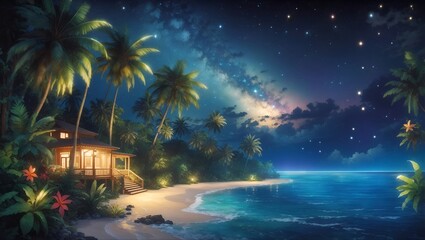 Tropical paradise night with star - obrazy, fototapety, plakaty