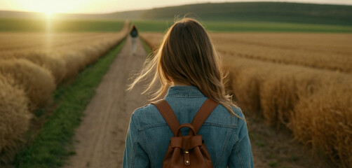 way home from school, small leather backpack, path over narrow field, long way, wide arable field, rural life, friend runs ahead - obrazy, fototapety, plakaty