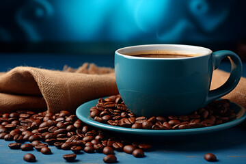 Chicara de café azul e grãos de café na mesa - Papel de parede macro - obrazy, fototapety, plakaty