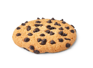Tasty cookie with chocolate chips on white background