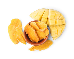 Bowl with slices of dried mango on white background