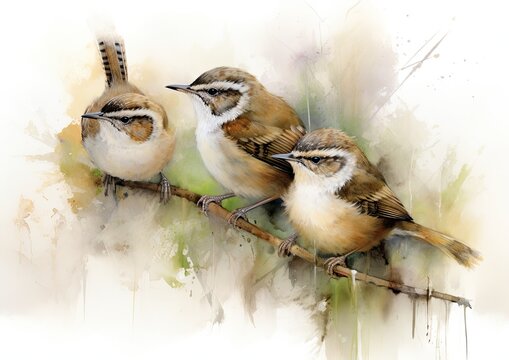 Three wrens side by side on a tree branch