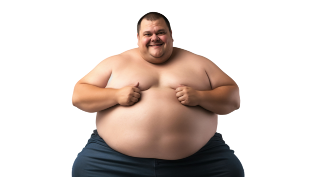 Portrait of a shirtless senior overweight man smiling, isolated on transparent background