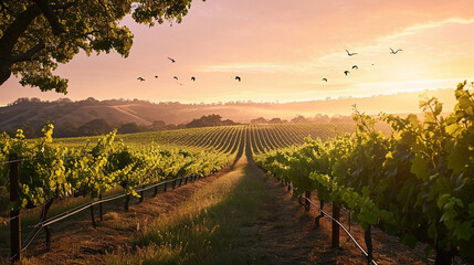 A picturesque vineyard at sunrise, with rows of grapevines stretching into the distance, the early morning light painting the landscape in warm tones