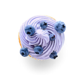 Tasty cupcake with blueberries on white background