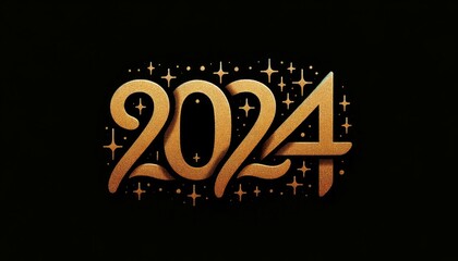 Stylish 2024 New Year Design, Glittering Gold on Dark Background, Bold Festive Theme, Horizontal Thick Line Style, Luxurious