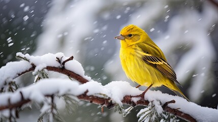 Fototapeta premium Canary in a Snowy Winter Wonderland
